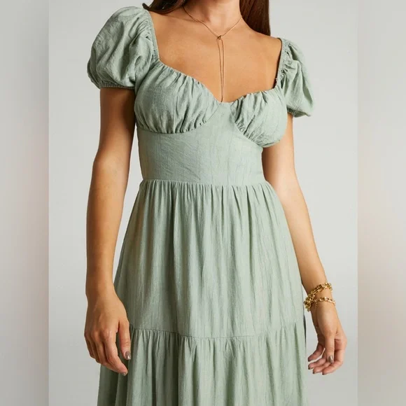 Puff sleeve sage green midi dress - Picture 1 of 4